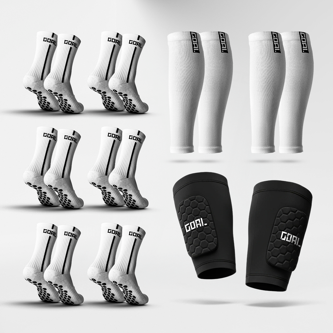 ESPINILLERAS INTEGRADAS + x6 GRIP SOCKS + x2 MANGAS PARA PANTORRILLAS